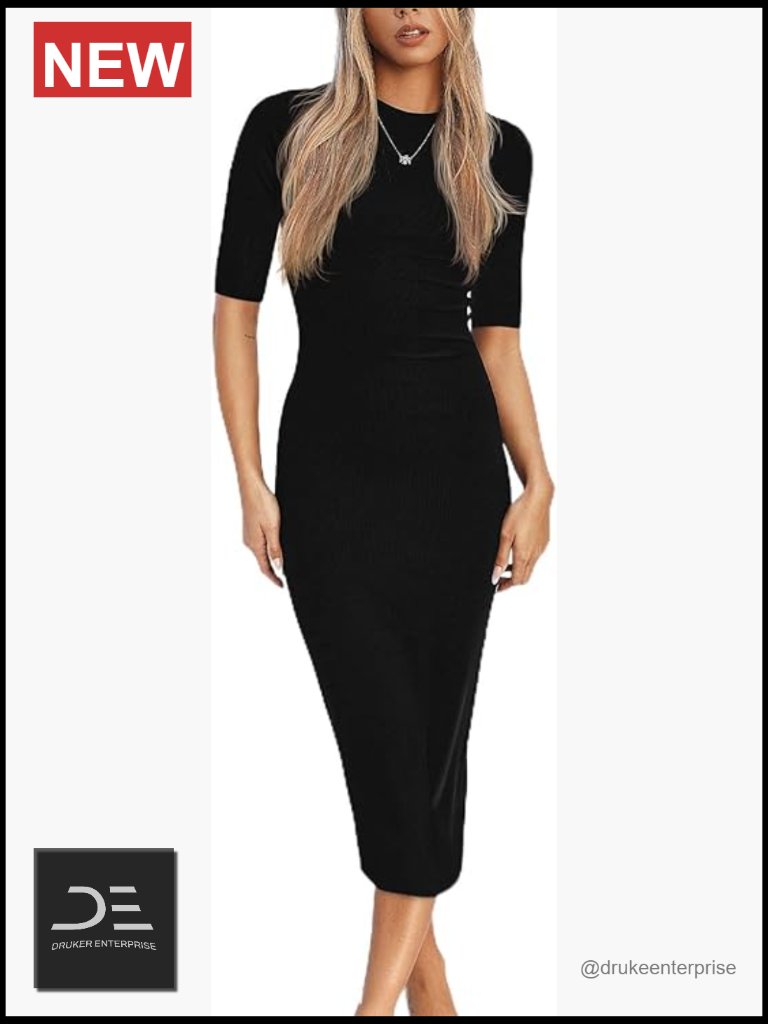 Women's Midi Bodycon Dress 3/4 Long Sleeve Crewneck Ribbed Knit Fitted Casual